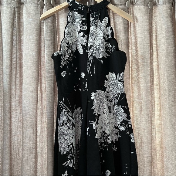 Aqua Black and White Floral Print High Neck Scallop Trim Fit & Flare Dress Large - Picture 12 of 14